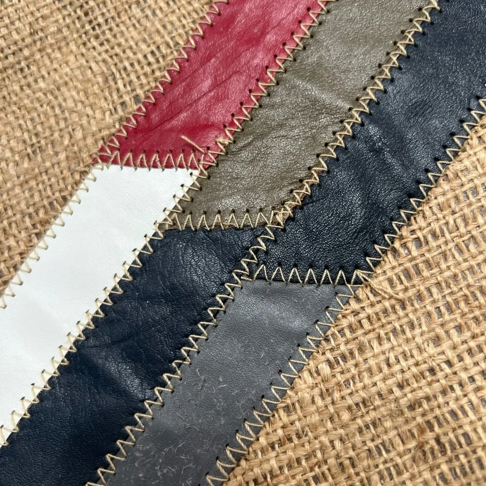 Vintage burlap / Jute zippered clutch with genuine leather trim & original tag.
